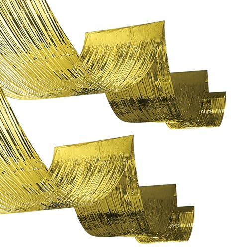 Beistle 2 Piece Gold Metallic Plastic Fringed Ceiling Curtains, 19.5” x 16’, Shimmering Party Decorations, Photo Backdrops