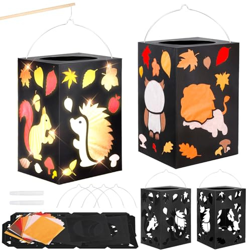MONCAP 4 Pièce Kit de Bricolage Lanterne pour Enfant Kits de Lanterne de Découpe Papier 3D Lampion Animaux avec Bâton Lanterne Bougie à Suspendre pour Décoration Automne Halloween Thanksgiving Noel