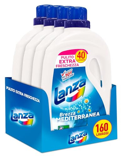 Sole Lanza Detersivo Lavatrice Liquido, Pulito Extra Freschezza, Brezza Mediterranea, 160 Lavaggi, 4 Confezioni da 40 Lavaggi