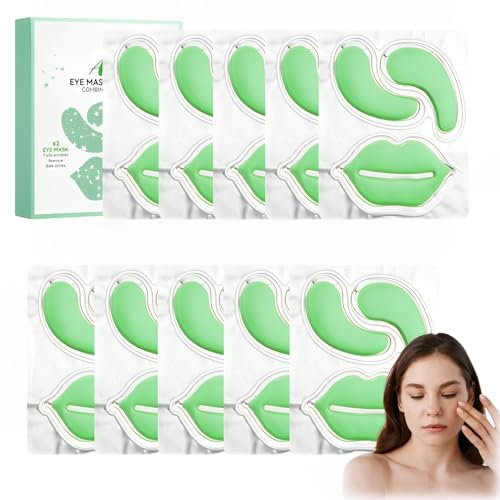 10 Stück Augen und Lippenmaske, Augenpads Gegen Augenringe, Aloe Vera Lippenmaske, Aloe Vera Augenpads, Enthält Hyaluronsäure, Kollagen und Aloe Vera-Extrakt, Gegen Tränensäcke und Schwellungen