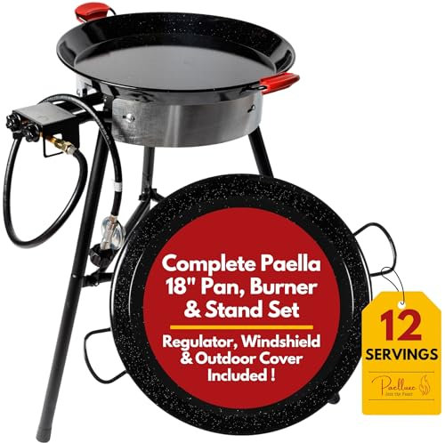 Paelluxe Paella Burner and Stand Set 12 Servings, 18 Inch Paella Pan, Dual Propane Outdoor Stove with Stand & Regulator, Portable Gas Cooker for Camping Crawfish Boil Cooking Outdoor (Black Edition)