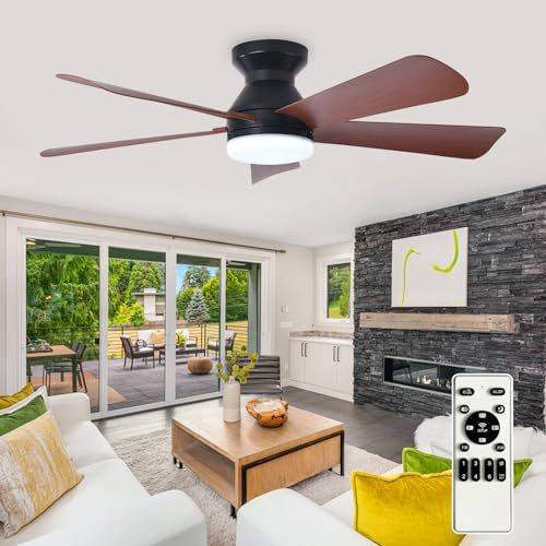 Depuley Modern Ceiling Fan with Light: 42-Inch Black Small Fans for Bedroom Indoor Outdoor - Dimmable Flush Mount Low Profile Ceiling Fans with Remote Control 5 Reversible Walnut Blades 6 Speeds Timer