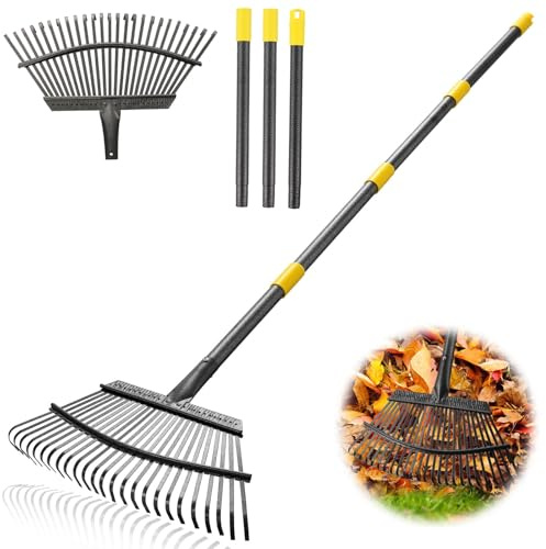 Harrms Leaf Rakes Garden, 25-tine Metal Rake with 45cm Wide Head, Lawn Rake with Ergonomic Handle 93cm for Effortless Leaf & Debris Collection