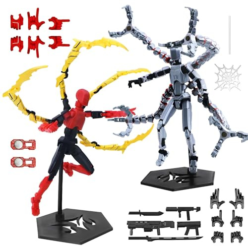 shirylzee 2Pcs T13 Action Figure Set, 3D Printed Dummy T13 Octopus Doctor Toy Spider M Toy, Multi-Jointed Movable Robot, Action Figures Desktop Decoration Gift for Game Lovers (Silver Red)