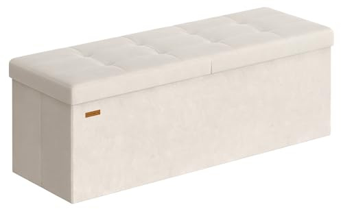 SONGMICS Storage Ottoman, Foldable Storage Bench, 38 x 110 x 38 cm, Flipping Lid, 300 kg Load Capacity, for Hallway, Living Room, Bedroom, Velvet Fabric, Cappuccino Beige LSF078LH02