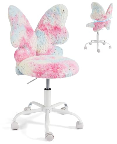 HOMREST Chair with Wheels,Cute Fluffy Desk Chair for Girls with Butterfly Back,Adjustable Seat Height, Faux Fur Swivel Vanity Chairs for Children Bedroom & Reading Room, Study/Vanity,Colorful Pink