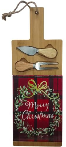 Tagliere Legno Natalizio 45x15 con Coltello/Forchetta Antipasti Salumi Formaggi Idea Regalo Decorazione per la Tavola di natale Feste