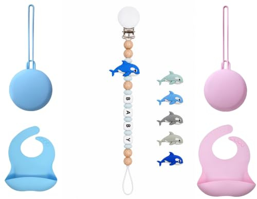 Set nappkedja med nappfodral och haklapp, napphållare, babynappkedja klämma, 3D djurpärlor nappband flicka och pojke, babygåva (svärdval) (ljusblå, blå)