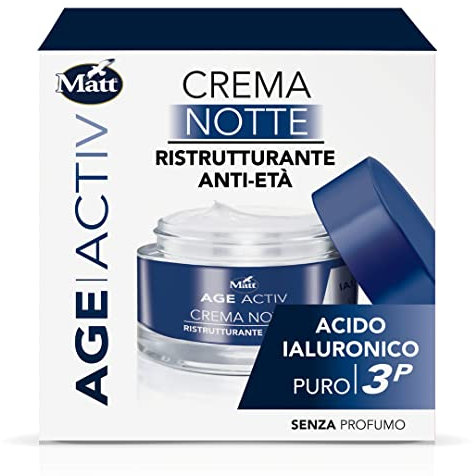Matt - Age Activ Crema Viso Ristrutturante Anti Age Notte - Acido Ialuronico 3P - Ridensificante e Levigante, Idratazione Profonda - Confezione da 50 ml