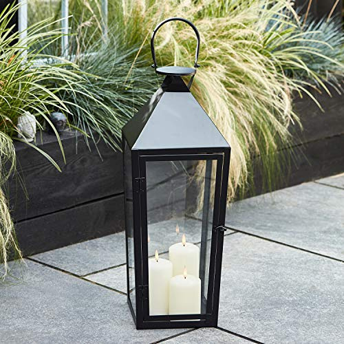 Lights4fun Extra Large Black Metal Battery Operated Fully Waterproof Outdoor Garden LED TruGlow® Candle Lantern – 60cm Tall for Indoor and Outdoor Use – Ideal for Patios, Gardens & Year-Round Lighting