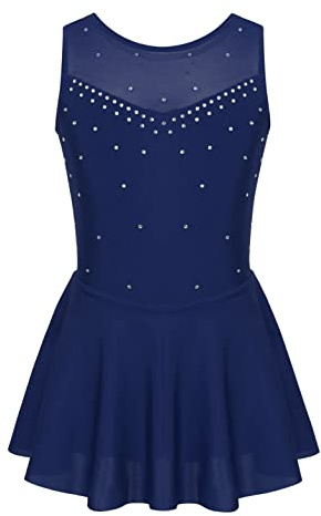 Aislor Niñas Vestido de Patinaje Artístico Maillot de Gimnasia Elástico sin Mangas con Diamantes Leotardo de Baile Traje Ropa de Patinador Vestido de Danza Azul Marino 11-12 años