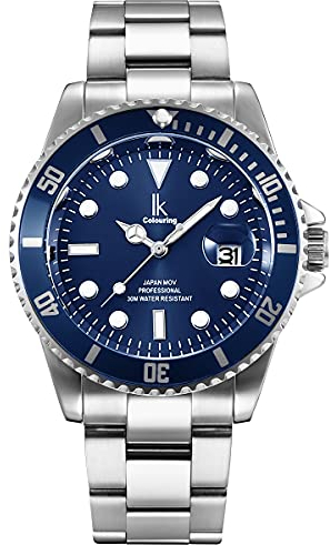 Alienwork Armbanduhr Herren Damen Silber Edelstahl Metallarmband Kalender Datum Marineblau Klassik Elegant