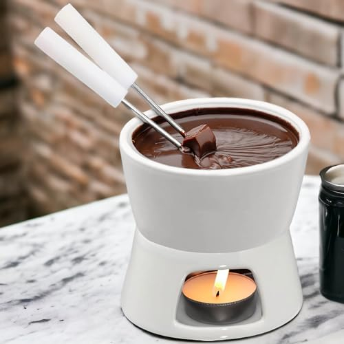 MIJOMA Mini fondue de chocolate – Descubre puro chocolate – Diseño moderno y elegante en color blanco, incluye 2 tenedores para fondue, ideal para galletas y frutas, cerámica, 10 x 9 x 6 cm