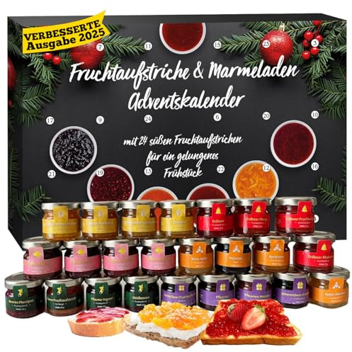 Adventskalender 2025 Marmelade mit 24 leckeren und süßen Fruchtaufstrichen im Frühstücksgläschen á 28g, Marmeladen Feinkost Frühstück Adventskalender 2025, Frühstückskalender für Weihnachten