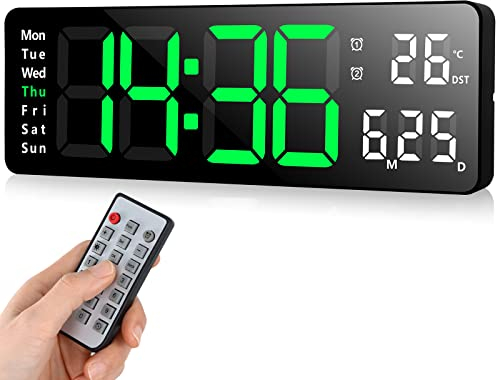 Fuloon Digital Wall Clock, 13 inch Large Display Adjustable Brightness LED Digital Clock with Remote Control, Countdown Clock with Date, Week, Temperature(Plug In Electricity)