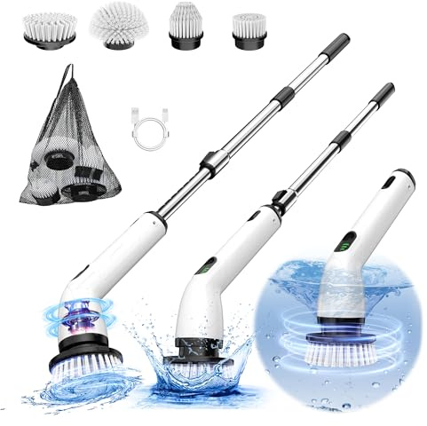 Keimi Electric Spin Scrubber, Full-Body IPX7 Waterproof Cordless Shower Scrubber with 4 Replaceable Heads, Upgraded Extension Handle, 2H Work Time, 2 Speeds for Bathroom Shower Tile Glass