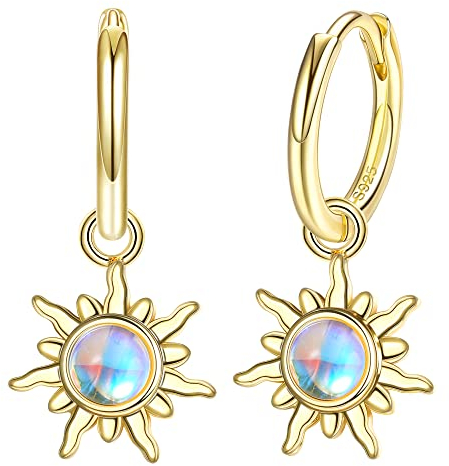 Adramata Damen Ohrringe Silber 925 Hängend Mondstein Tropfen Hängend Ohrringe Sonne Ohrringe Creolen Silber 925 Modische Creolen mit Anhänger Ohrhänger Baumeln Ohrringe Gold Silber Creolen für Damen