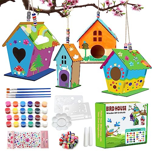 Col-Pary 4 Pack Birdhouse Crafts, Buildable DIY Birdhouse Kit for Teenagers to Build, Wooden Toys Crafts, Craft Projects for Teenager Gifts, Boys Girls, Ages 14 Years