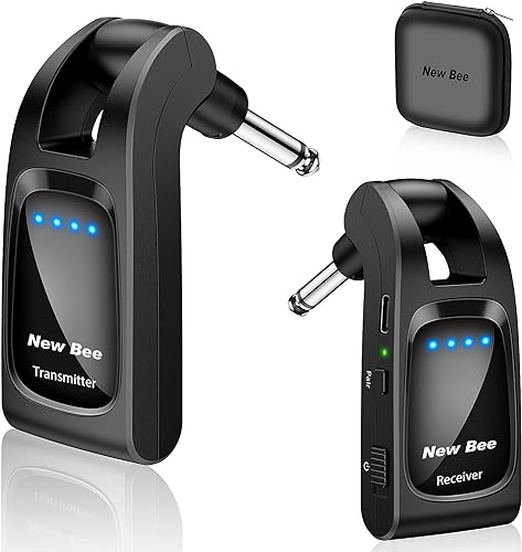 Drahtloses Gitarrensystem, New Bee 2.4GHz Kabelloses Gitarrensystem mit 6 Kanälen Wiederaufladbarer Audio Drahtlose Gitarre Sender Empfänger für Gitarre Bass Elektrische Instrumente(schwarz)