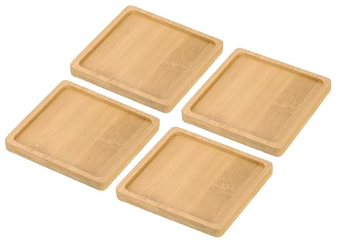 PATIKIL Plato de Madera de Bambú, 4 Unidades 10x10 cm Bandeja Cuadrada de Drenaje de Plantas de Bonsái Plato de Madera para Macetas de Suculentas en Casa o Balcón