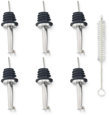 6 beccucci per bottiglie con patta, metal pour tappo versatore bottiglia in acciaio inox beccuccio conico liquore con spazzola per vino, liquori, olio d'oliva, sciroppo, aceto