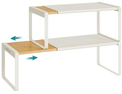 SONGMICS HOME Spice Racks, Expandable Cupboard Shelf Orgnizers, Kitchen Counter Shelves, Bamboo and Metal, Space-Saving Shelving, Stackable, Light Bamboo and Cream White UKCS051N01
