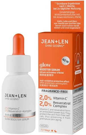 Jean & Len Glow Booster Serum, ideal für jeden Hauttyp, schenkt matter Haut den Glow, Gesichtsserum mit Vitamin C-Derivat & Resveratrol-Komplex, für ein ebenmäßigeres Hautbild, parfümfrei, vegan 30 ml