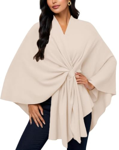 Minetom Poncho Femme Cape Elégante Wrap Châle Echarpe Cardigan Printemps Automne Couleur Unie Poncho A Beige Taille Unique