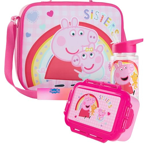 Get Trend Peppa Pig Water Bottle Lunch Bag and Lunch Box Kids Set 3 Pcs School Supplies Bento Snack Box BPA Free Leakproof for Travel (Pink Peppa Pig)