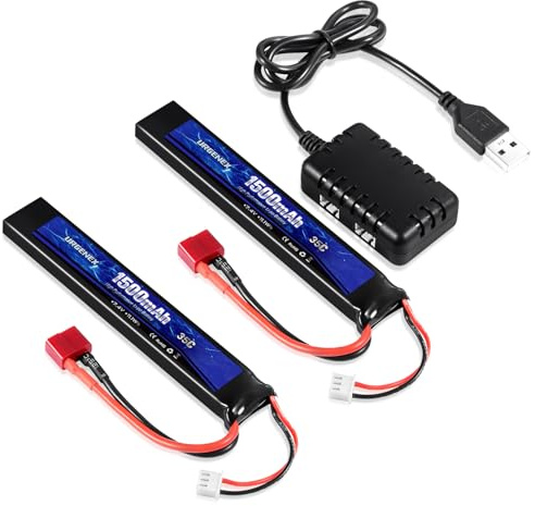 URGENEX Airsoft Battery 7.4V 1500mAh 35C High Discharge Rate Lipo Battery Pack with Dean-Style T Plug Rechargeable 3S RC Lipo with 1TO2 USB Charger Fit for Airsoft Model Guns