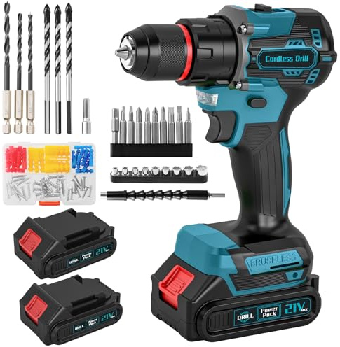 Brushless Cordless Hammer Drill Set, 21V Impact Drill Driver and Screwdriver Set with 2 Batteries, 25+3, 10mm Heave Duty DrillChuck, 2 Speed Power Combi Battery Drill Set with 87 Accessories for DIY