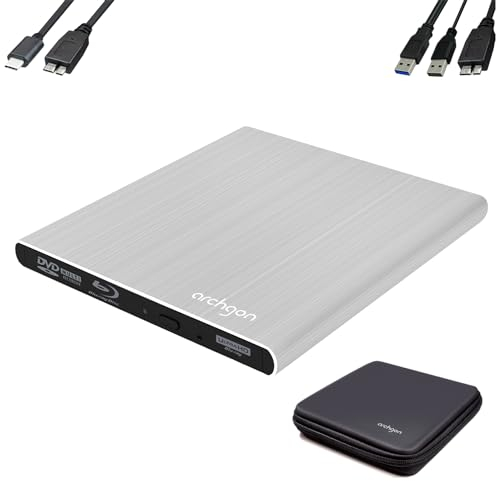 Archgon, Style UHD Externer 4K-Ultra HD BD DVD Player, Blu-ray BDXL Brenner extern für PC, Mac Laptop USB 3.0 / -C, M-Disk, Schutzbox, externes CD, BluRay Laufwerk, Alu Silber