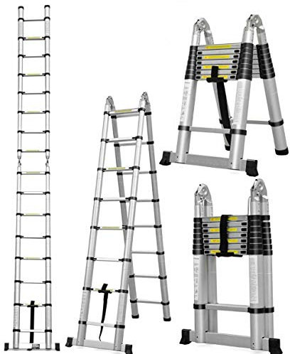 Telescopic Loft Ladder 5M Extendable Collapsible Fold Step Ladders Securing Bolt 16.5ft Multi Purpose Folding Stainless Steel Extension Ladders A-Shape Length (2.5M+2.5M)