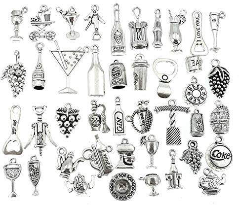 Kinteshun Wine Drinks Charms,Champagne Grape Wine Glass Bottle Opener Goblet Charm Pendant Connector for DIY Jewelry Making Findings(42pcs,Silver)