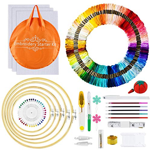 Embroidery Kit,AUERVO Cross Stitch Kits with 120 Skeins Embroidery Threads,5 Bamboo Embroidery Hoops,3 Pcs Aida Cloth,40 Sewing Pins,Starter Kit with Protable Bag for Adults and Beginners…