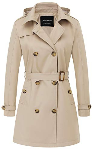 CREATMO US Damen-Trenchcoat, zweireihig, klassischer Revers, Übermantel, Gürtel, schmale Oberbekleidung, Mantel mit abnehmbarer Kapuze, Khaki, L