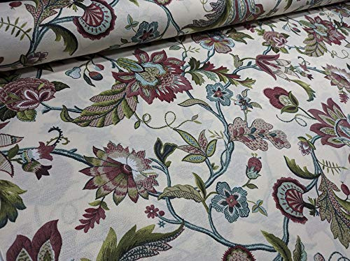 DESCONOCIDO RIVERO Tejidos. Tejido de loneta con Fondo Beige con Flores en Tonos Azul, Verde y Rojo con 280 cm de Ancho. Se Vende por Metros. Ideal para la confección de Cortinas, manteles..