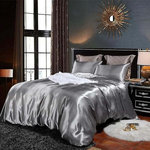 Homewish Hotel Quality Silver Duvet Cover Set Single Size Silk Like Satin Bedding Sets Summer Reversible Quilt/Comforter Cover Honeymoon Sexy Luxury Soft Microfiber Bedding Collection