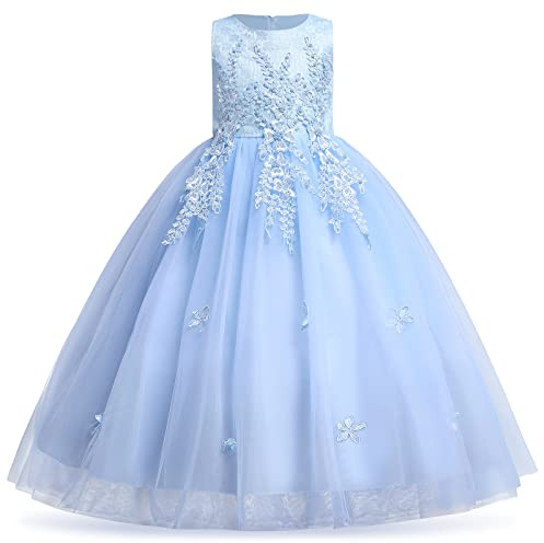 Flower Girls Dress Floral Embroidered Lace Sleeveless Tulle Wedding Bridesmaid Birthday Formal Party Long Tutu Kids Princess Pageant First Communion Evening Prom Ball Gown Sky Blue 13-14 Years
