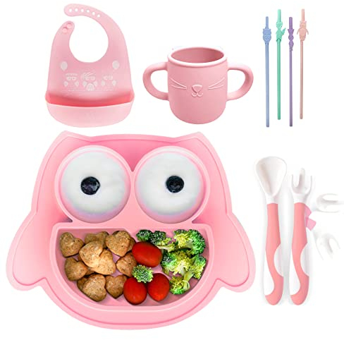 Brunoko Babygeschirr-Set 5in1 – Saugplatte + Babylöffel + Silikon-Lätzchen + wiederverwendbarer Kinderbecher + Silikon-Strohhalme 5in1-Set – BPA-freies Silikon – spülmaschinen- und mikrowellengeeignet