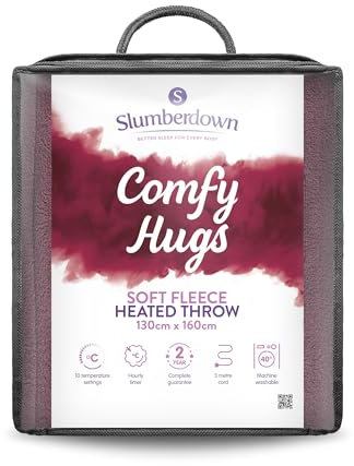 Slumberdown Comfy Hugs Heated Throw Blanket - Large Electric Blanket for Bed, Sofas & Settees, Soft Fleece Blanket with 10-Heat Settings & Hourly Timer - Cosy & Snuggly, Washable, Plum (130cm x 160cm)