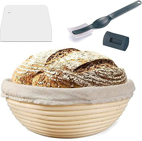 Voarge Cestino da lievitazione rotondo, ø 25 cm, altezza 8,5 cm,un cestino in rattan naturale fatto a mano, con inserto in lino, raschietto + coltello per il pane Bread rotondo