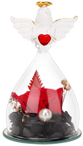 VOHESEA Rose éternelle dans un verre - Figurine d'ange rouge éternelle - Cadeau pour femme - Dôme en verre - Statue d'ange faite à la main - Fleur de rose éternelle - Cadeau d'anniversaire pour femme,