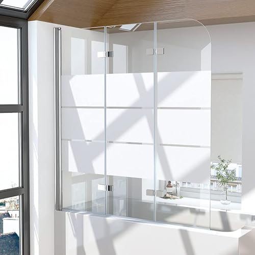 Goezes Duschwand für Badewanne 3-teilig 140x140cm Duschabtrennung, Faltbar Gestreift Glas Badewannenaufsatz aus 6mm EGS Sicherheitsglas, Streifenmuster Duschtrennwand Badewannenwand
