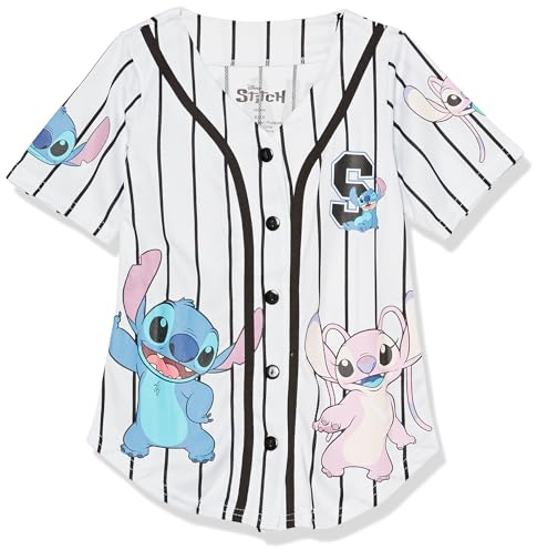 Disney Girls Lilo & Stitch & Angel Ohana Baseball Jersey Mesh Button Down Shirt White/Black