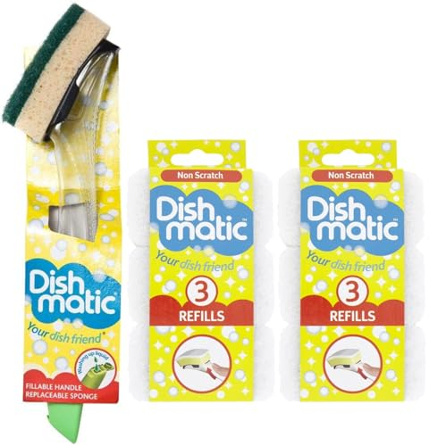 Fillable Washing up Brush [ Easy Grip Dish Cleaner] - with 6X Non Scratch Sponge Refills -Ideal for Glassware and Delicate Surfaces