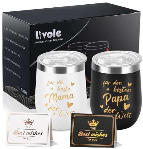 Livole Geschenke für Mama und Papa, Eltern, Muttertag Vatertag Geschenk - Für Besten Papa Beste Mama der Welt - Mutter und Vatertags Geschenk, 350ml Edelstahl Thermobecher, 2 Stück, Schwarz und Weiß