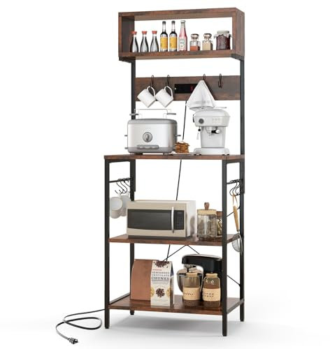 KOMFOTTEU Mensola da Cucina con Presa e 10 Ganci, Supporto per Forno a Microonde a 4 Livelli, 60 x 42 x 153 cm, Scaffale Multifunzionale in Acciaio, Scaffale Da Panetteria per Cucina e Sala da pranzo