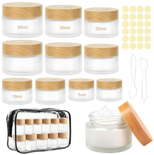 Leere Cremedosen Set 10-teilig Mattiert Glas mit Holzdeckel (5/10/20/30/50ml) - Auslaufsichere Nachfüllbare Kosmetikdosen mit Spatel, Aufkleber & Tasche - BPA-frei Reisebehälter für Creme & Salben