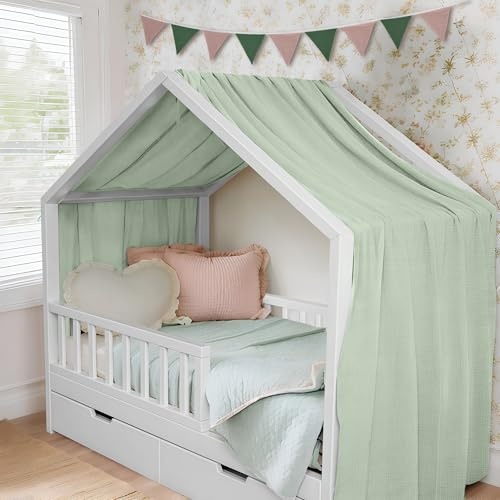 ToxyJopy Hausbett Himmel aus 100% Musselin Baumwolle – Handgemachte Hausbett Deko mit Stoffvorhang – Betthimmel für Hausbett